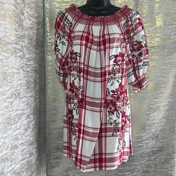 Zara Red Check Dress With Floral Embroidery Off Shoulder Dress Size S - Picture 6 of 17